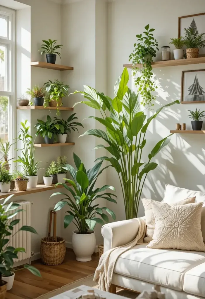 “Living room decorated with small and tall indoor plants adding greenery.