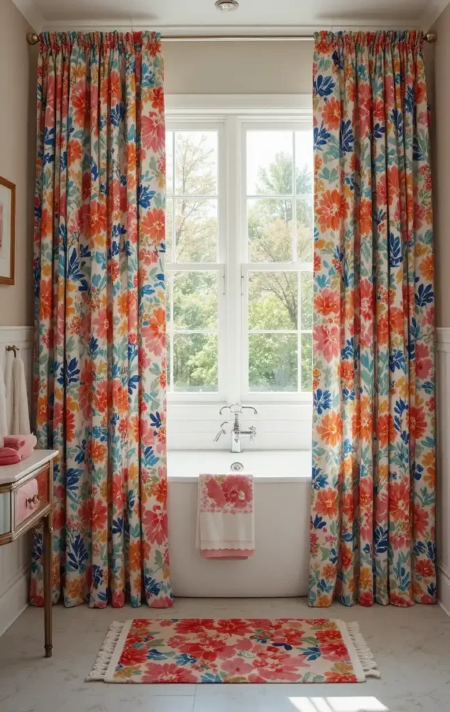 Bold patterned bathroom curtains adding personality and style.
