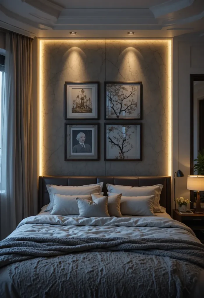 LED accent lighting highlighting wall art and decor in a bedroom
