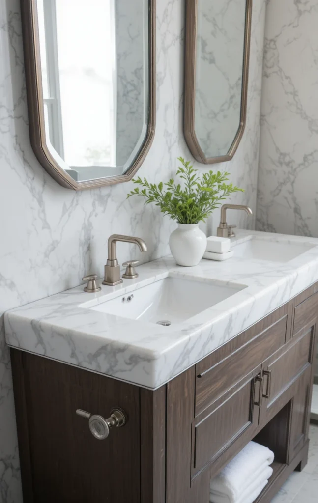 White marble bathroom countertop with subtle gray veins