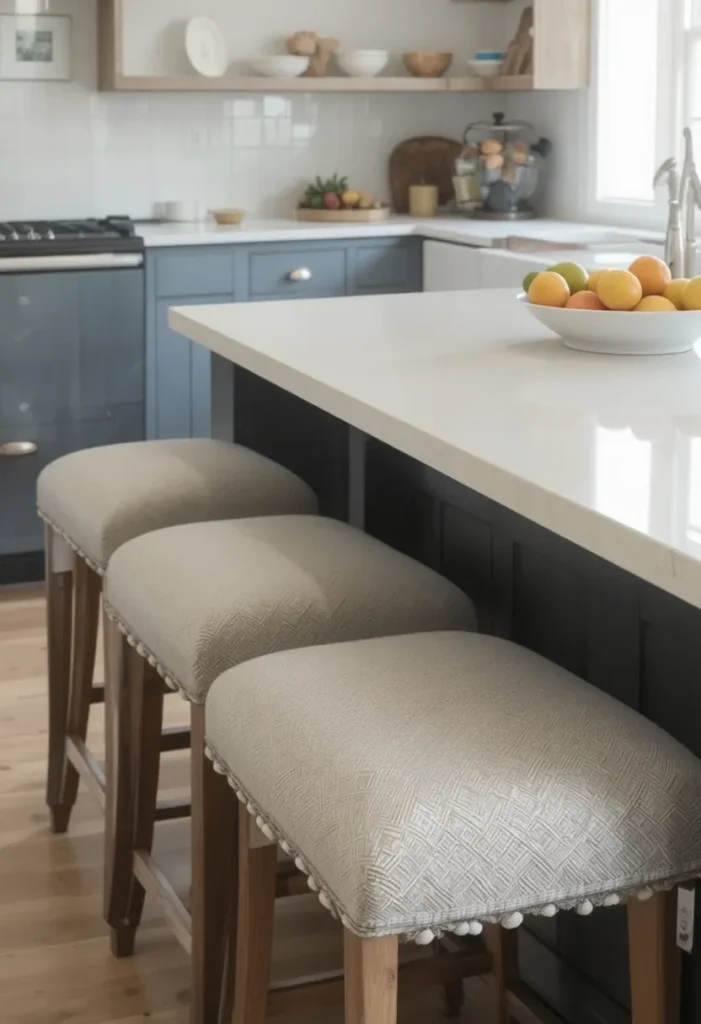 Soft, fabric-upholstered stools at a white kitchen island with a bowl of fruit.