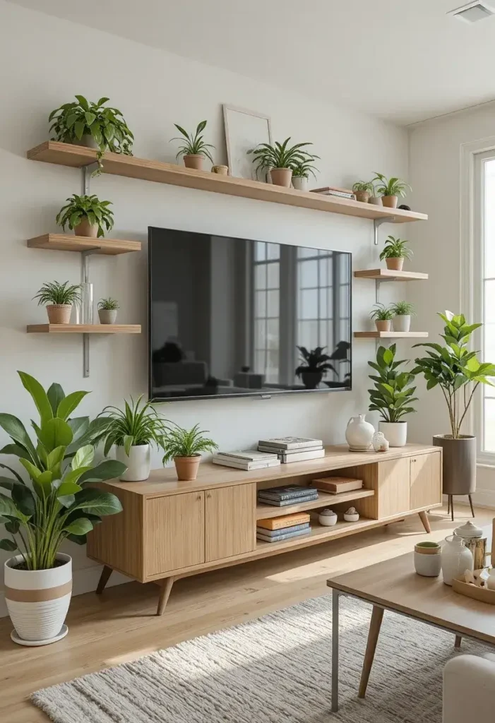 “TV wall decorated with small plants adding greenery and freshness to the living room.”
