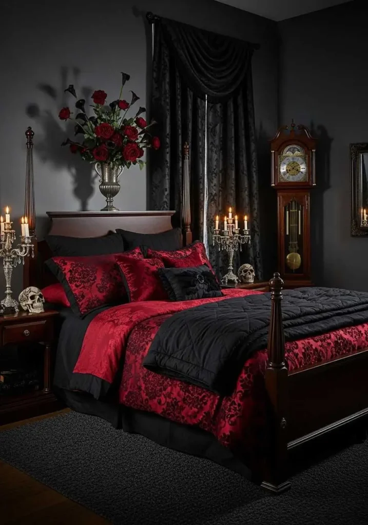 Bedroom with personal vampire-inspired decorative accents.