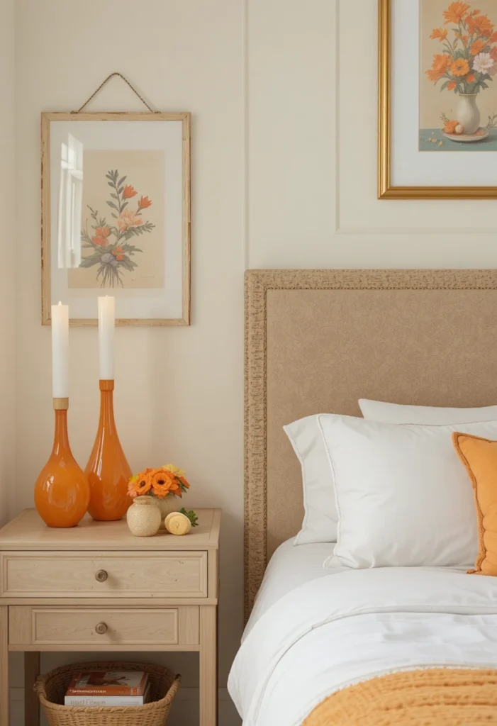 Small orange decor accents in bedroom