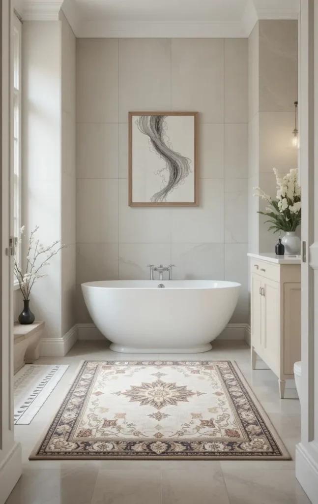 Bathroom rug sized properly to balance the space.