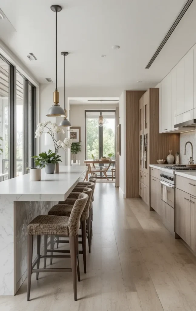 Long kitchen with intentional décor like plants and artwork without cluttering the space