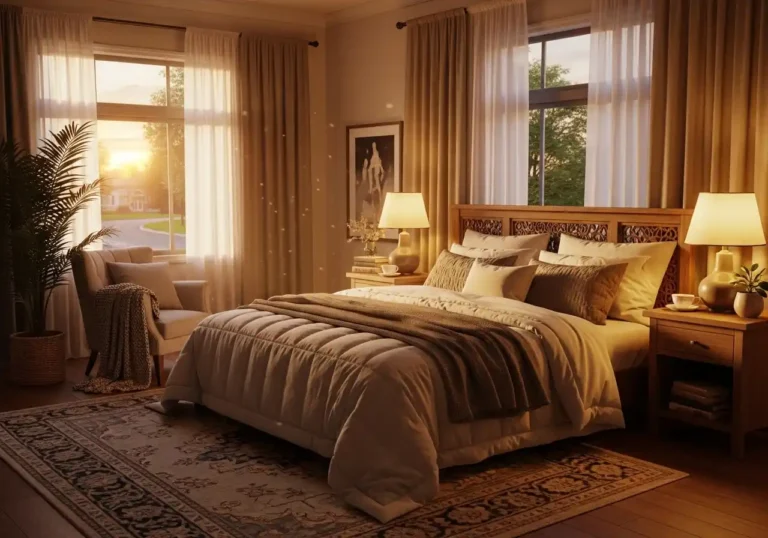 Full view of warm lighting bedroom beautiful look