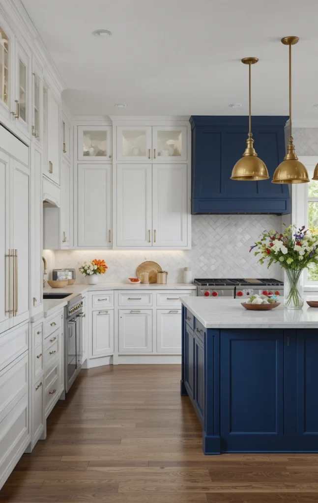 White one wall kitchen with contrasting navy statement island
