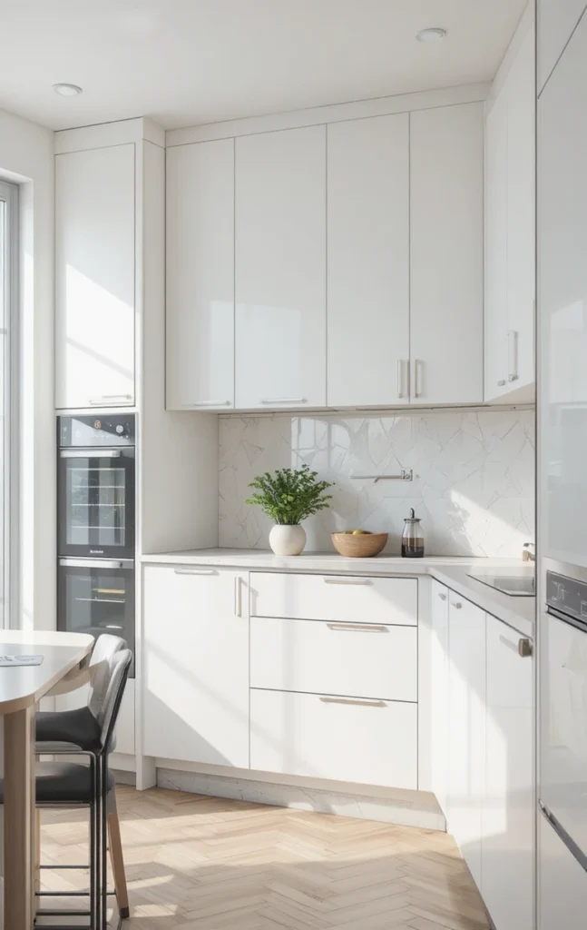 Streamlined one wall kitchen with flat front cabinets and clean backsplash