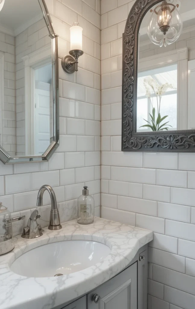 White subway tile backsplash with gray grout in bathroom