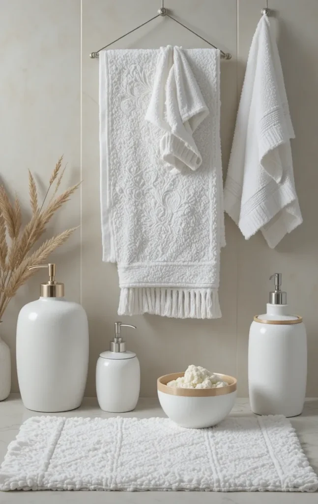 White bathroom accessories creating cohesive look