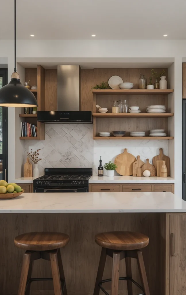 Black kitchen appliances balanced with warm wood shelves and accents.