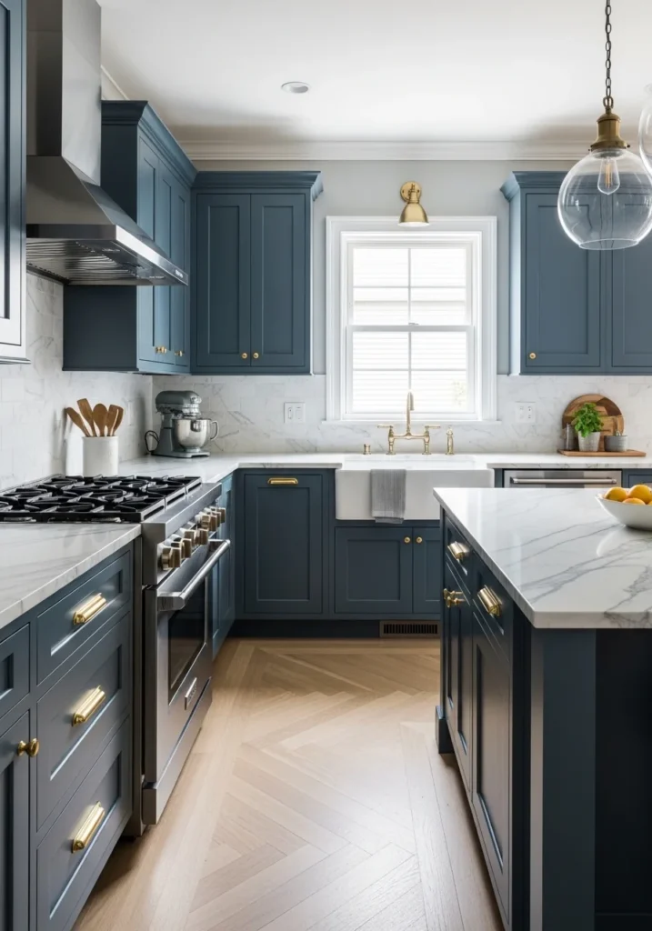 Navy kitchen cabinets with gray walls.