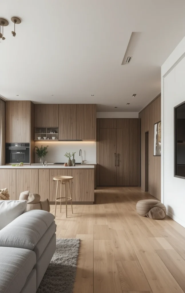One wall kitchen blended with living room in open layout