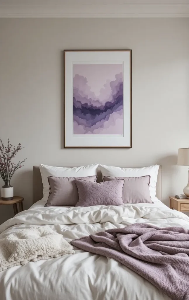 Bedroom with purple-toned wall art above the bed.