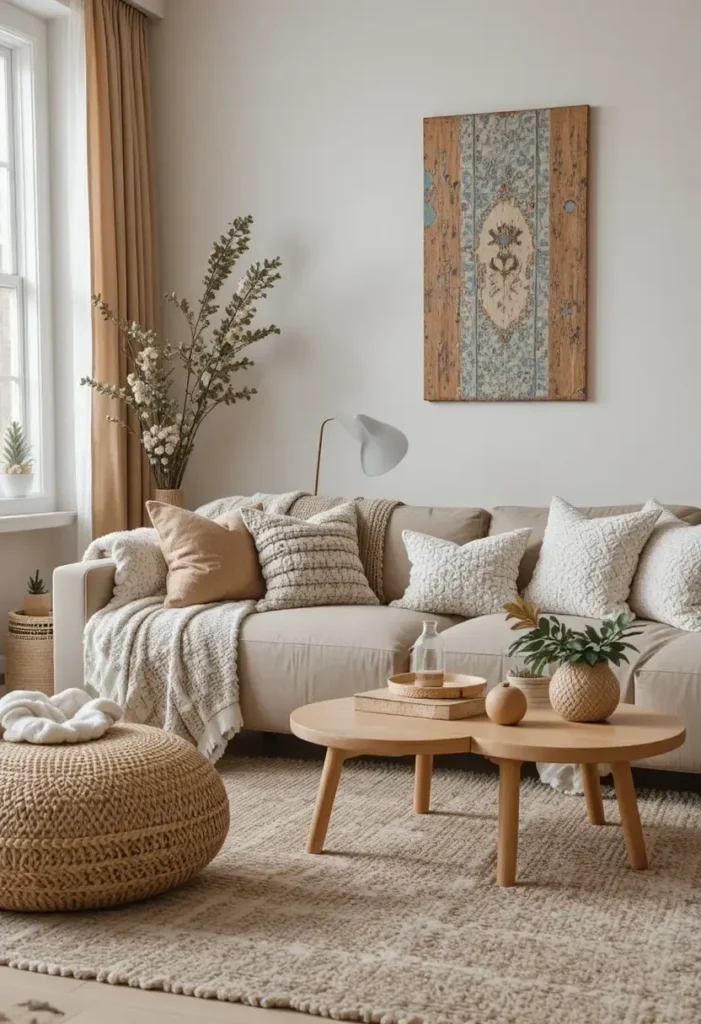 “Apartment living room with texture-focused decor using cushions, rugs, and throws.”