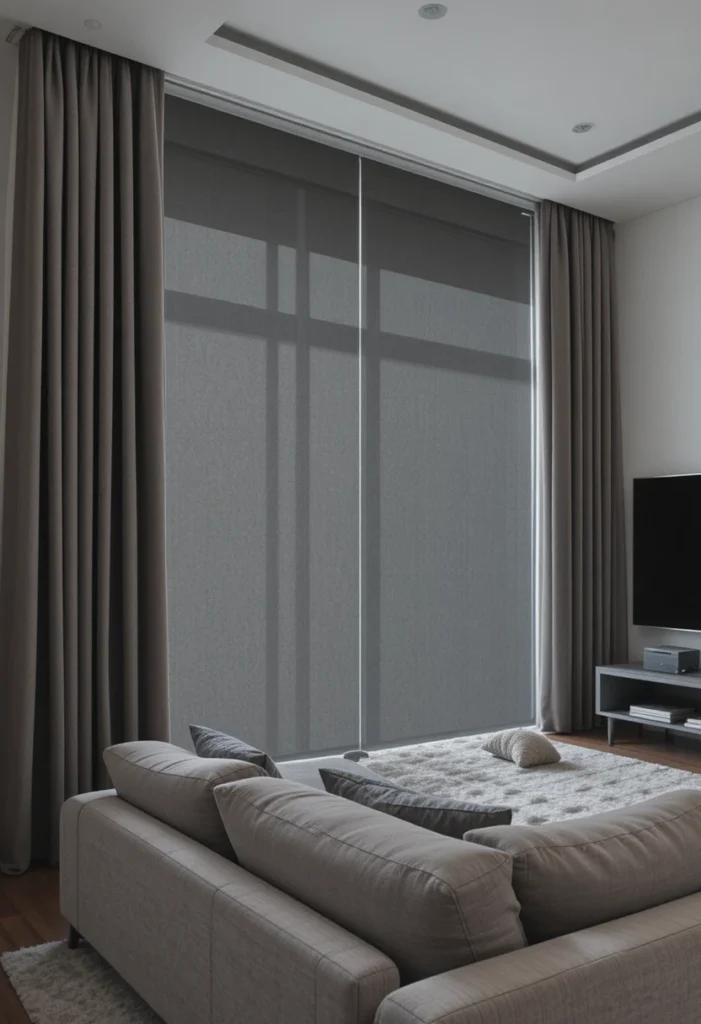 Dark gray blackout curtains in a living room with TV and sofa.