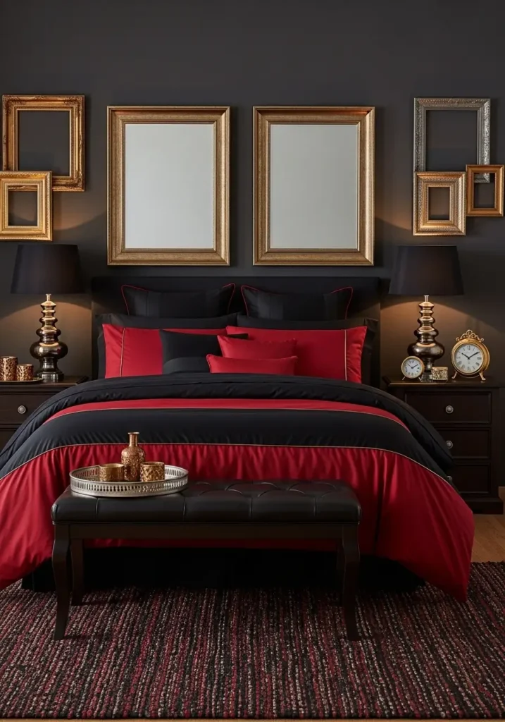 Metallic accents adding drama to vampire bedroom.