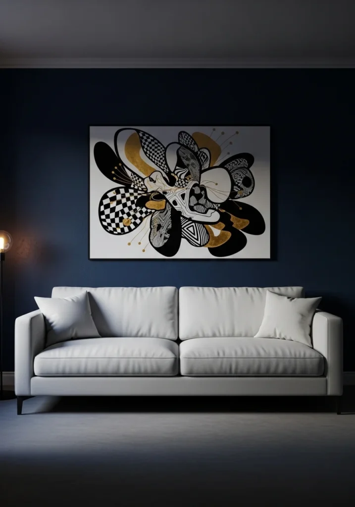 White couch with dark accent wall backdrop.