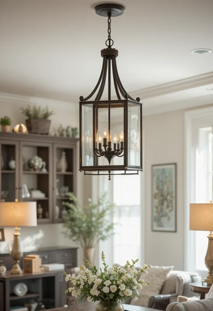 Farmhouse living room with rustic lighting fixtures.