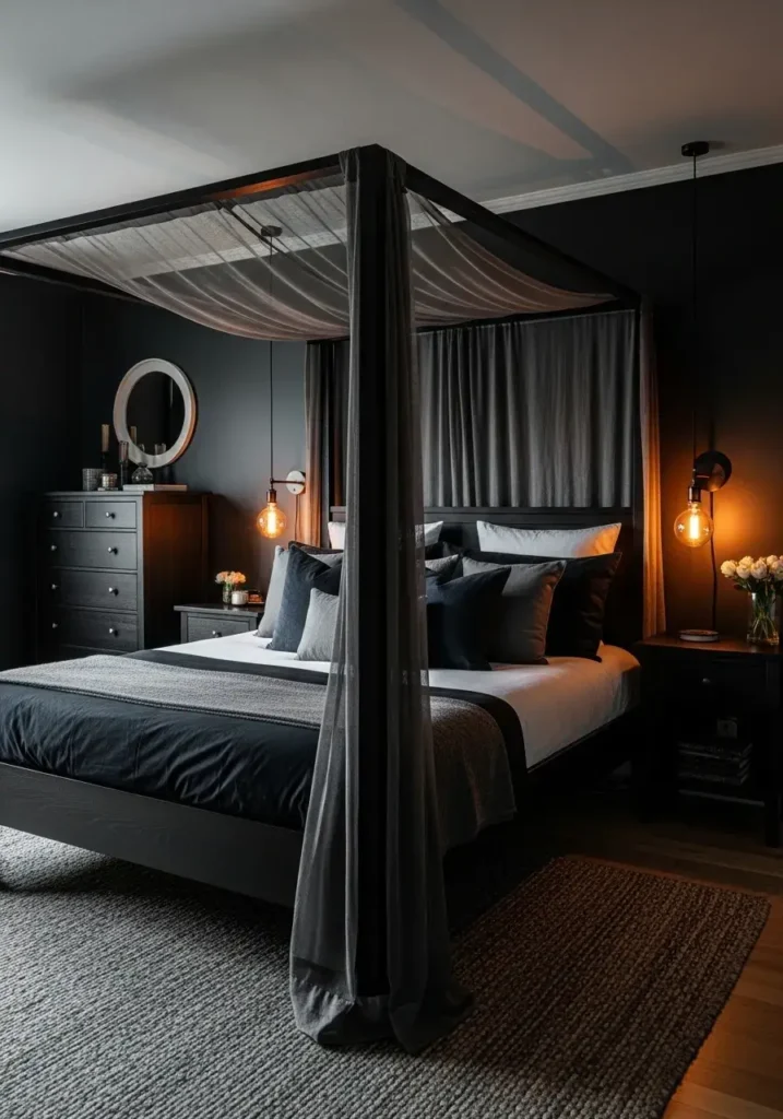 Bedroom with black and charcoal walls, cozy lighting.
