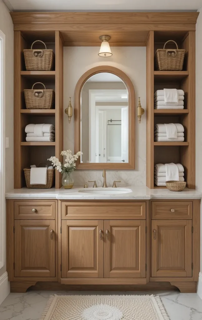 Bathroom vanity with open shelving and organized baskets.