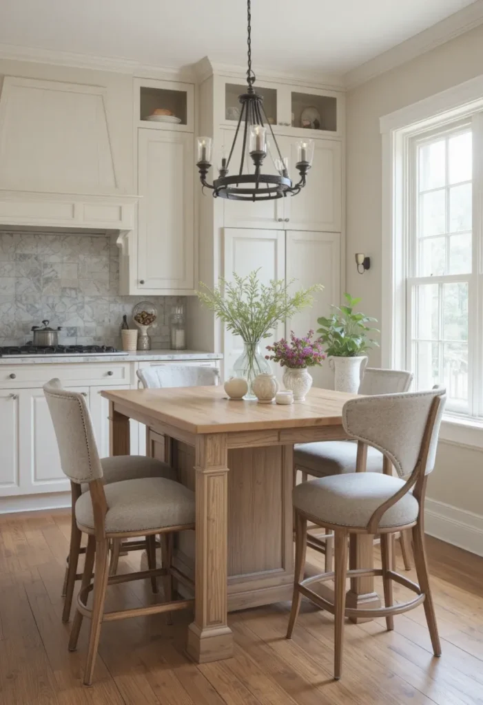 Padded stools with back support around a kitchen island for long-lasting comfort.