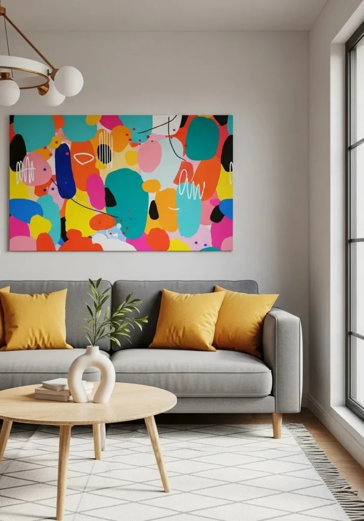 Grey couch living room with bold pop of color.