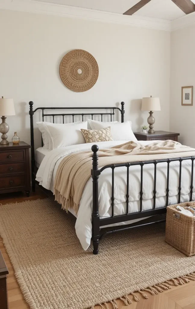 Black and brown bedroom softened with jute rug and woven textures