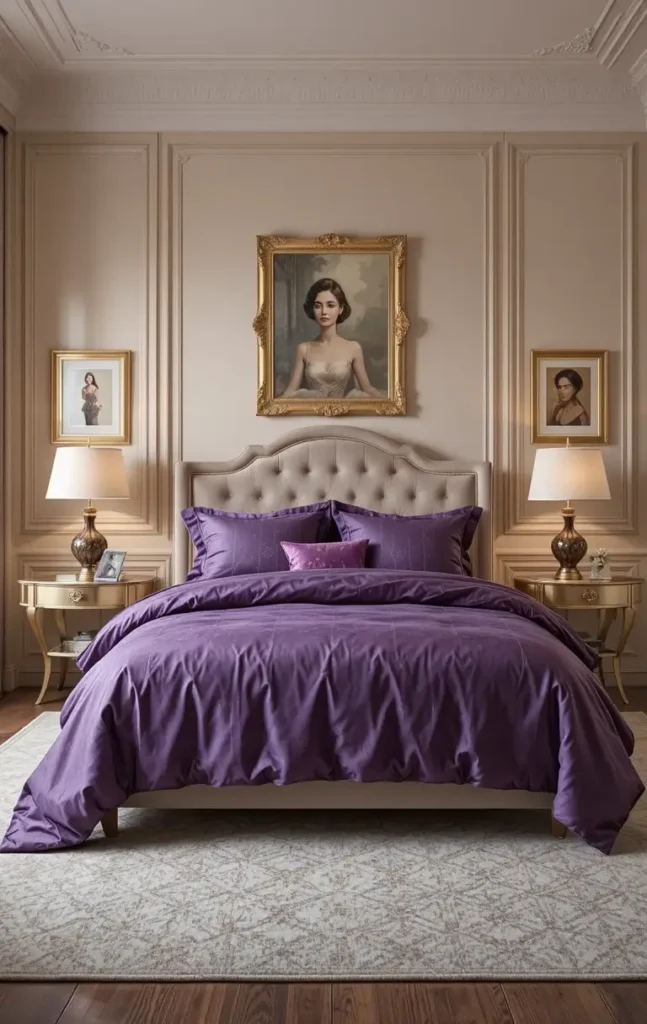 Purple bedroom with subtle gold accent decor.