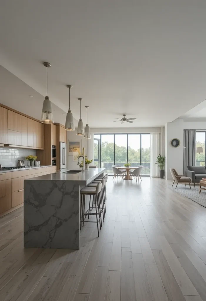 Kitchen island defining zones in an open-concept kitchen