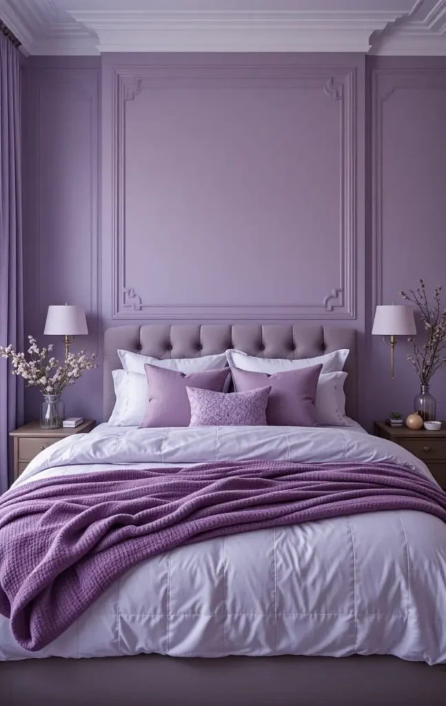 Bedroom styled in layered shades of purple.