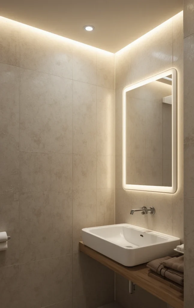 White bathroom lighting fixtures providing soft warm glow