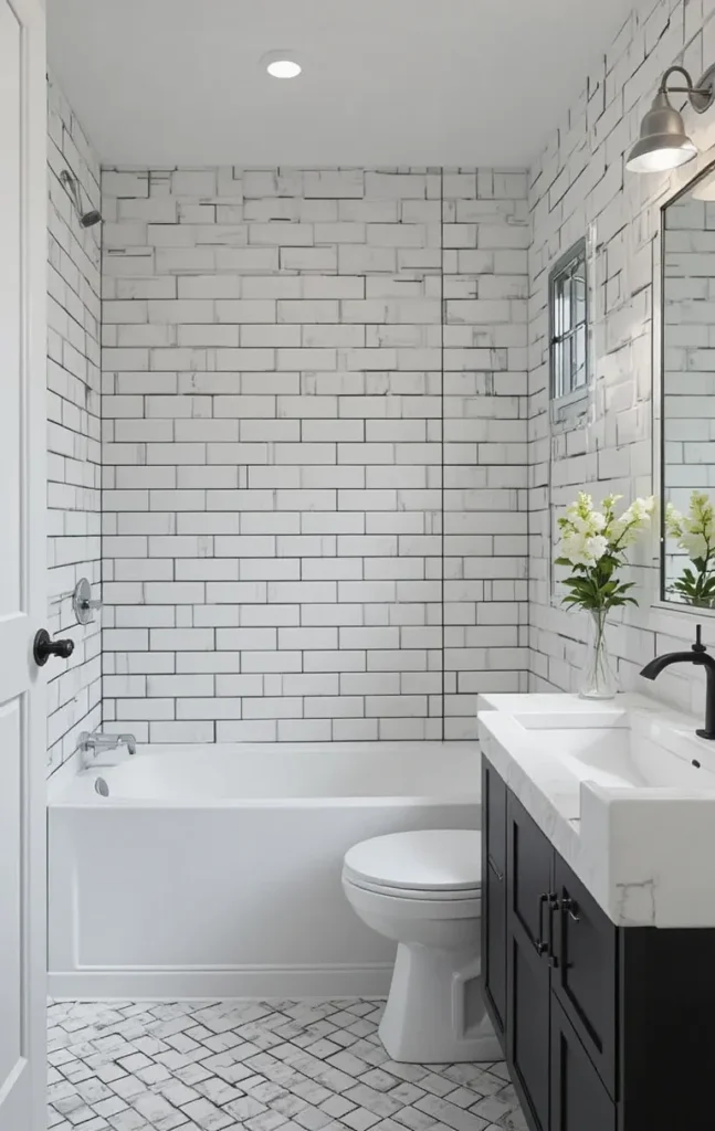 White subway tiles with black grout in bathroom