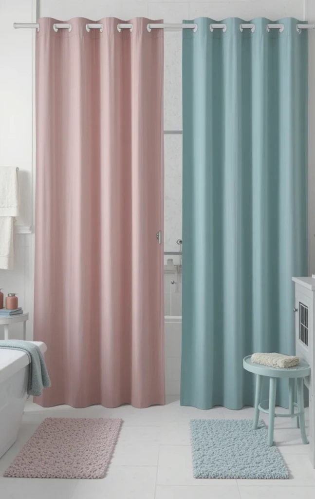 Colored bathroom curtain adding personality and a focal point.