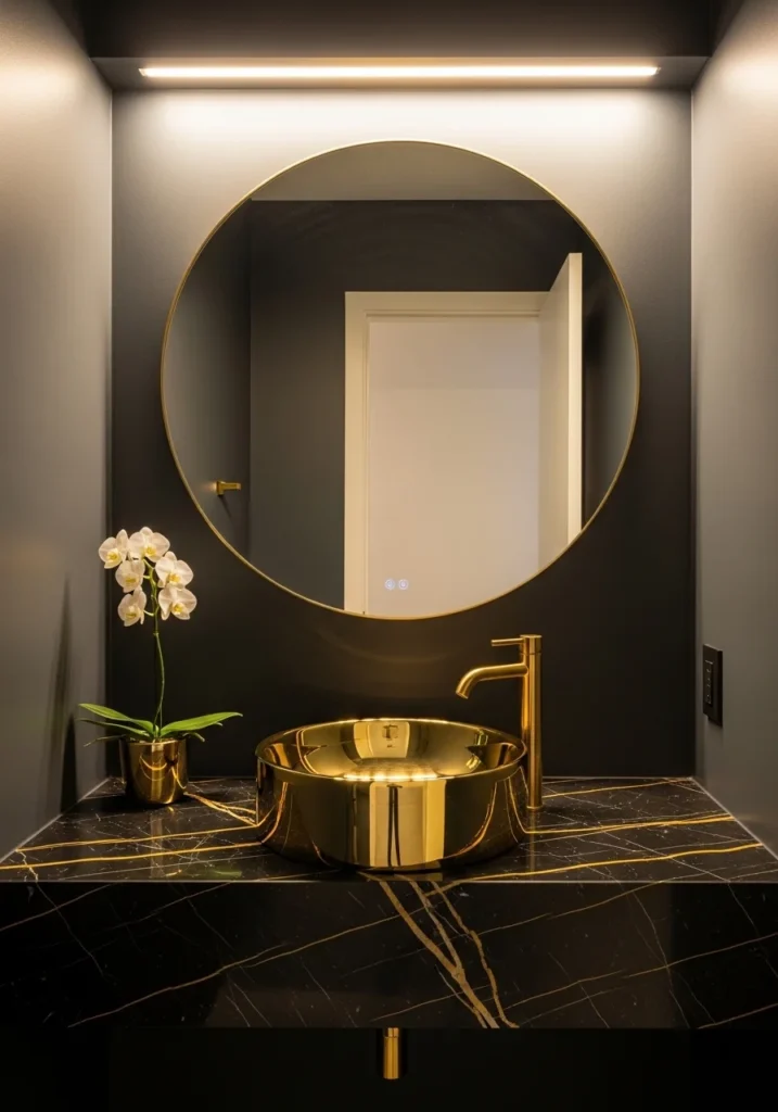 Black countertop with gold sink