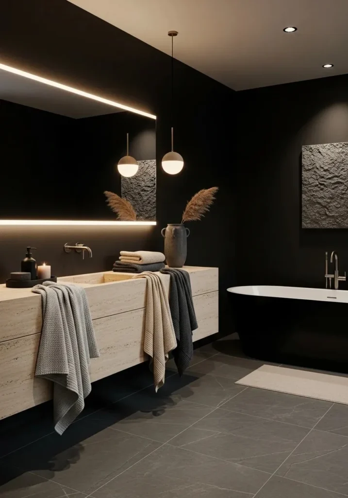 Black bathroom with soft neutrals