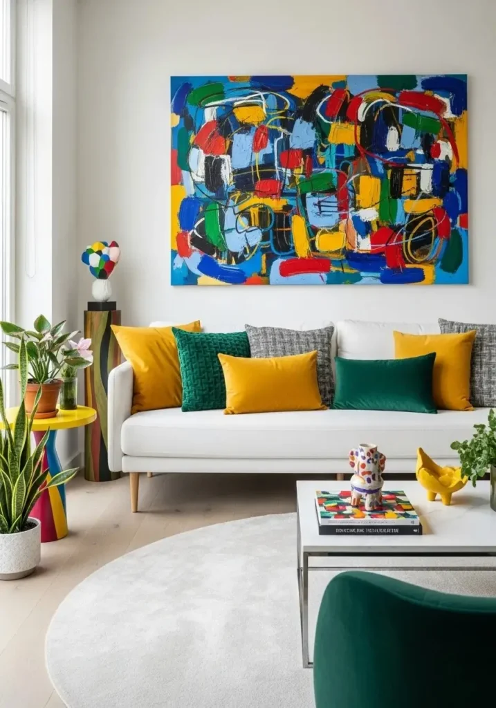 White couch living room with bold colorful accents.
