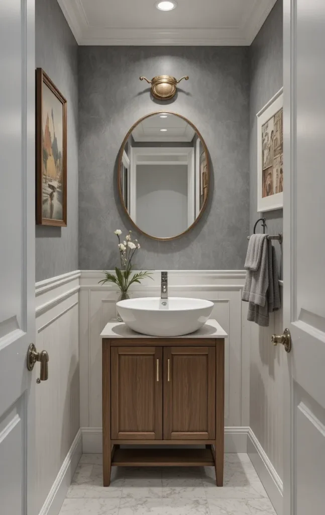 Compact bathroom vanity designed for a small powder room.