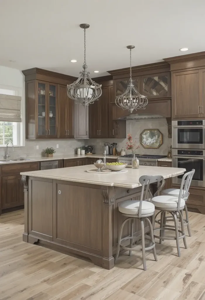 Spacious open walkways around a kitchen island.
