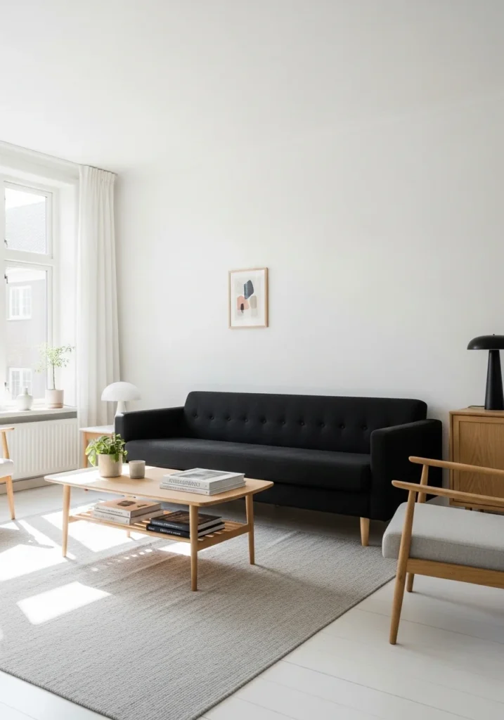 Scandinavian style living room with black couch and light wood furniture.