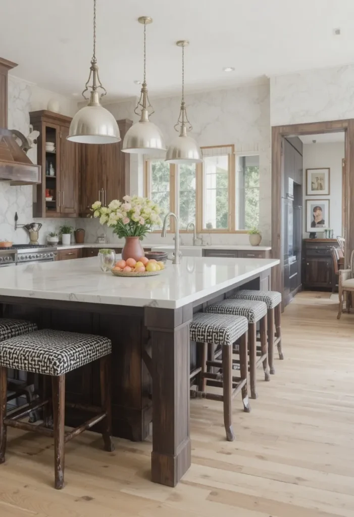 Patterned stools at a kitchen island adding texture and visual interest.