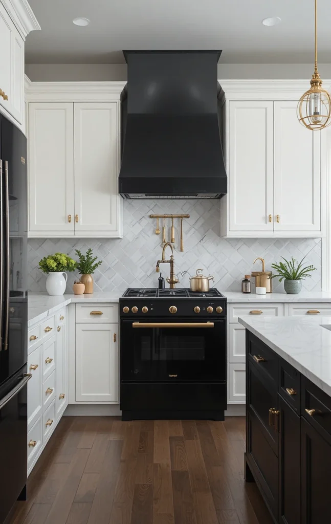 Black appliances paired with brass hardware and metallic accents.