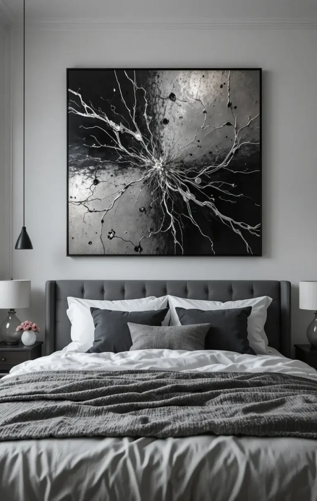 Abstract black and silver wall art above bed, minimal gallery style, matching room accents