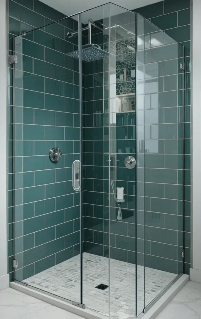 Glossy dark green subway tile shower with glass enclosure and light grout.