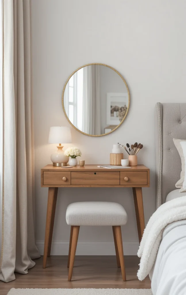 Bedroom corner vanity with round mirror and soft lighting.