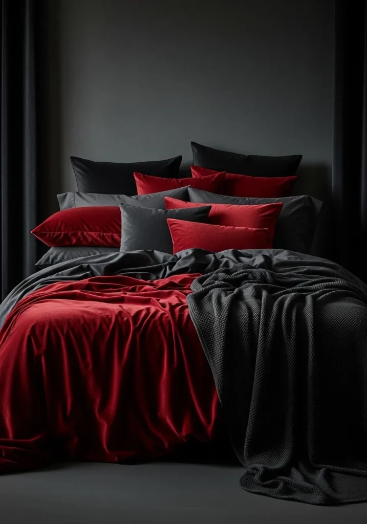 Bedroom with deep red velvet bedding and dark walls.