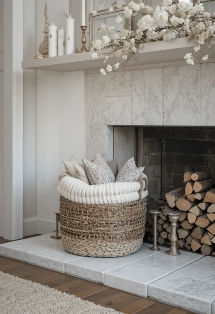 Styled fireplace hearth with basket of blankets and decorative logs.