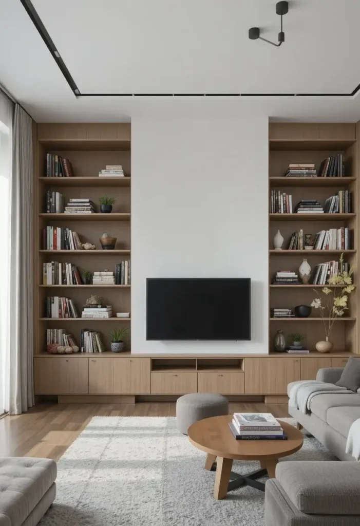 Asymmetrical built-in shelves in a modern living room with books and decor