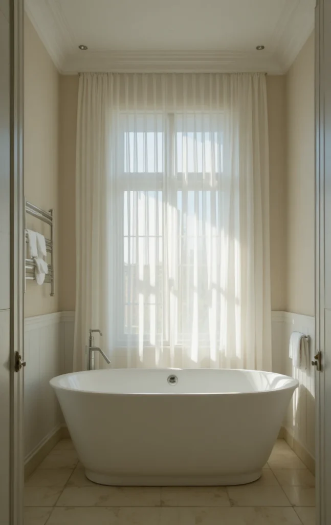 Sheer white bathroom curtains letting in natural light while maintaining privacy.